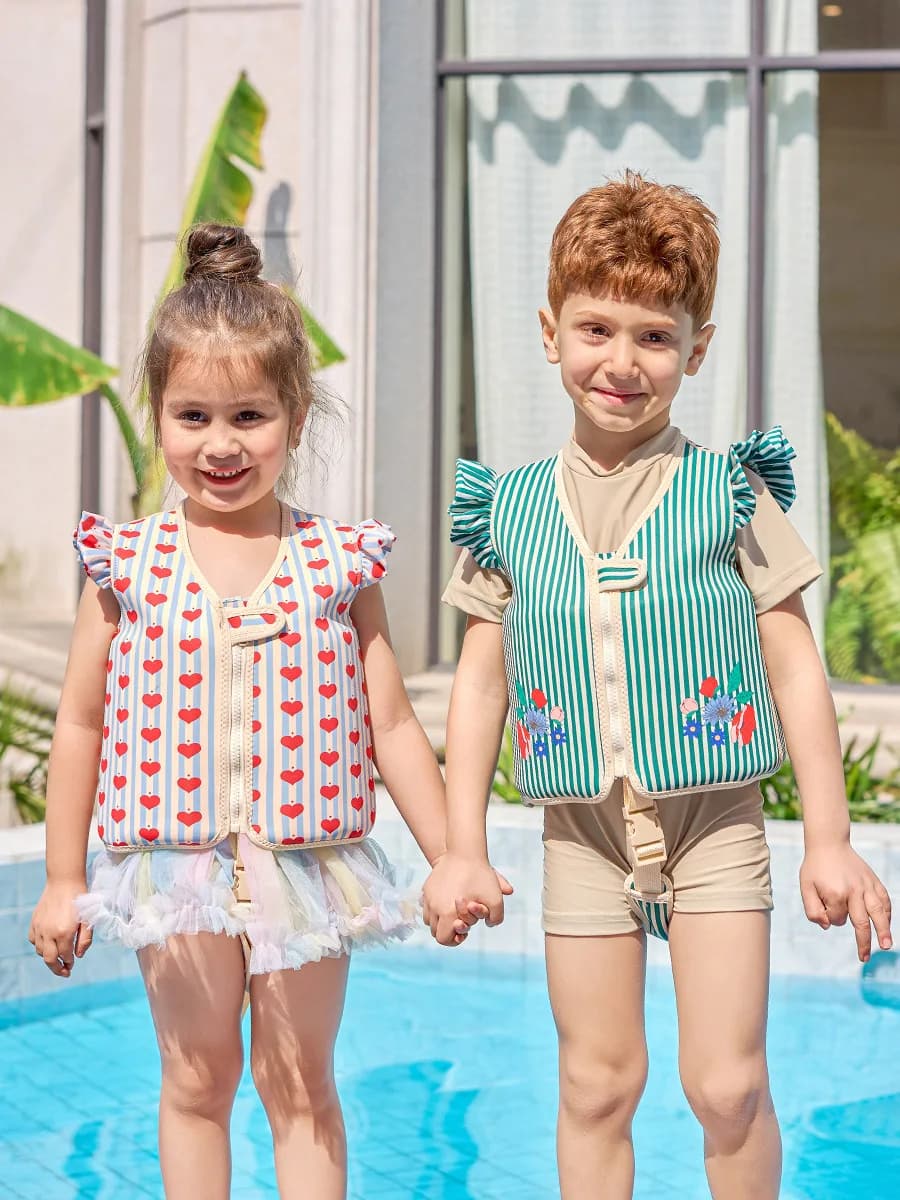 Gilet di galleggiamento per bambini con gilet di galleggiamento a cuore a strisce, giubbotto di salvataggio anti-annegamento per principianti, passante per il braccio, manica ad acqua