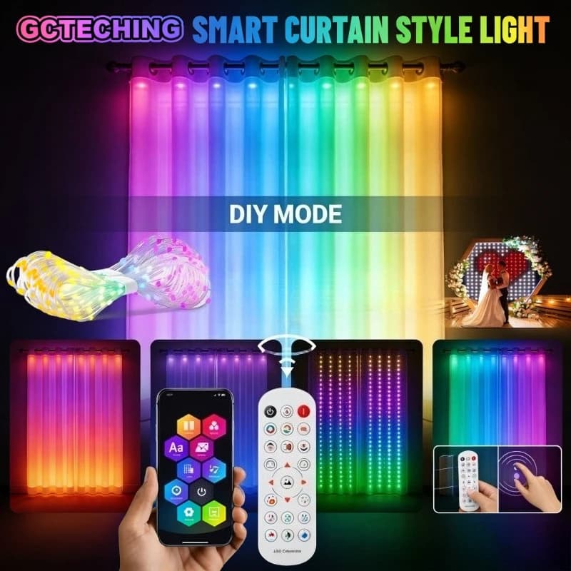 Luci natalizie intelligenti per tende a LED Controllo app Sincronizzazione musicale Modello fai-da-te IP67 Impermeabile per decorazioni per feste all'aperto per interni