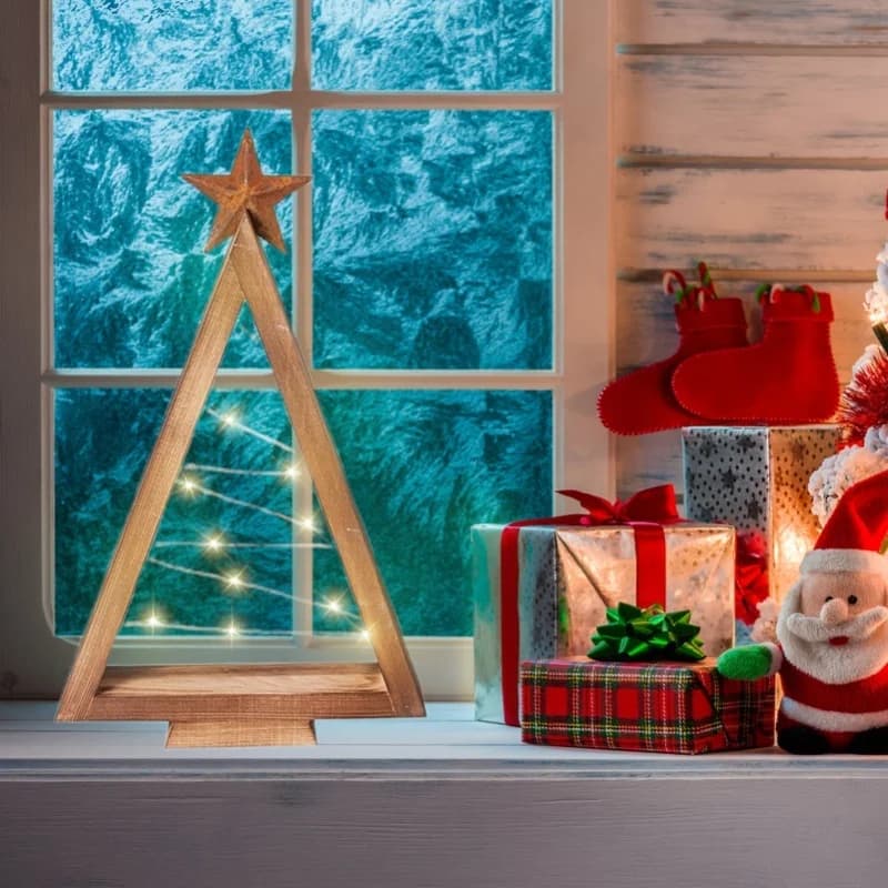 2PCs Wooden Luminous Christmas Tree Decoration Ornaments Pine Tripod With Light String Ornaments Home Decoration (With LED Light