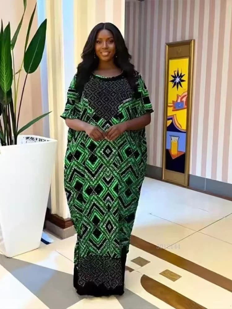 2025 Stylish Women's Strong Party Dress with African Print, New Fashion Mideast Glitter Pocket Dress