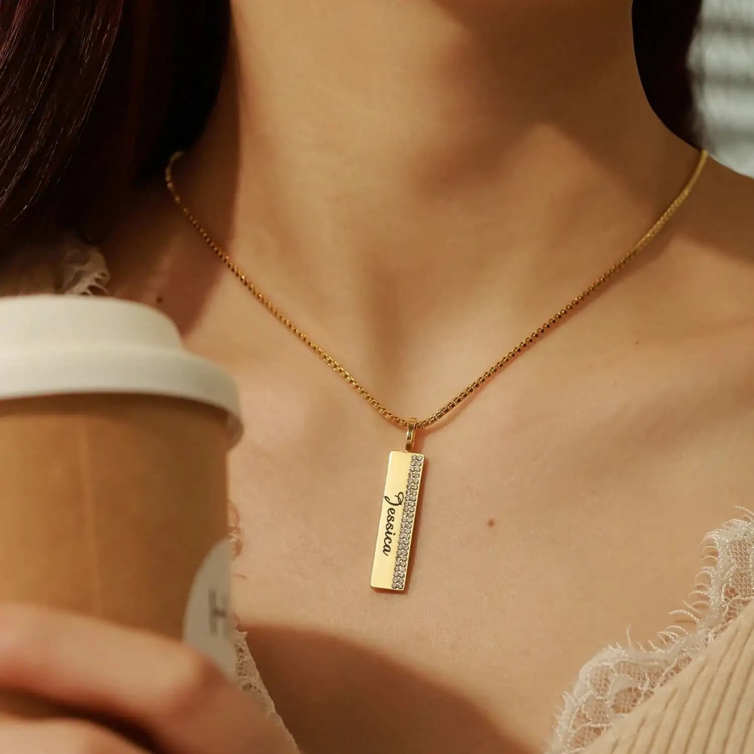 18K Gold Plated Engravable Blessing Lab Made Emerald Pendant Necklace-Bar