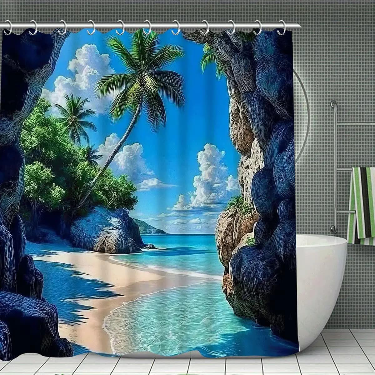 Tenda da doccia 1 pezzo - Spiaggia tropicale con palme e design Rocky Cliffs impermeabile