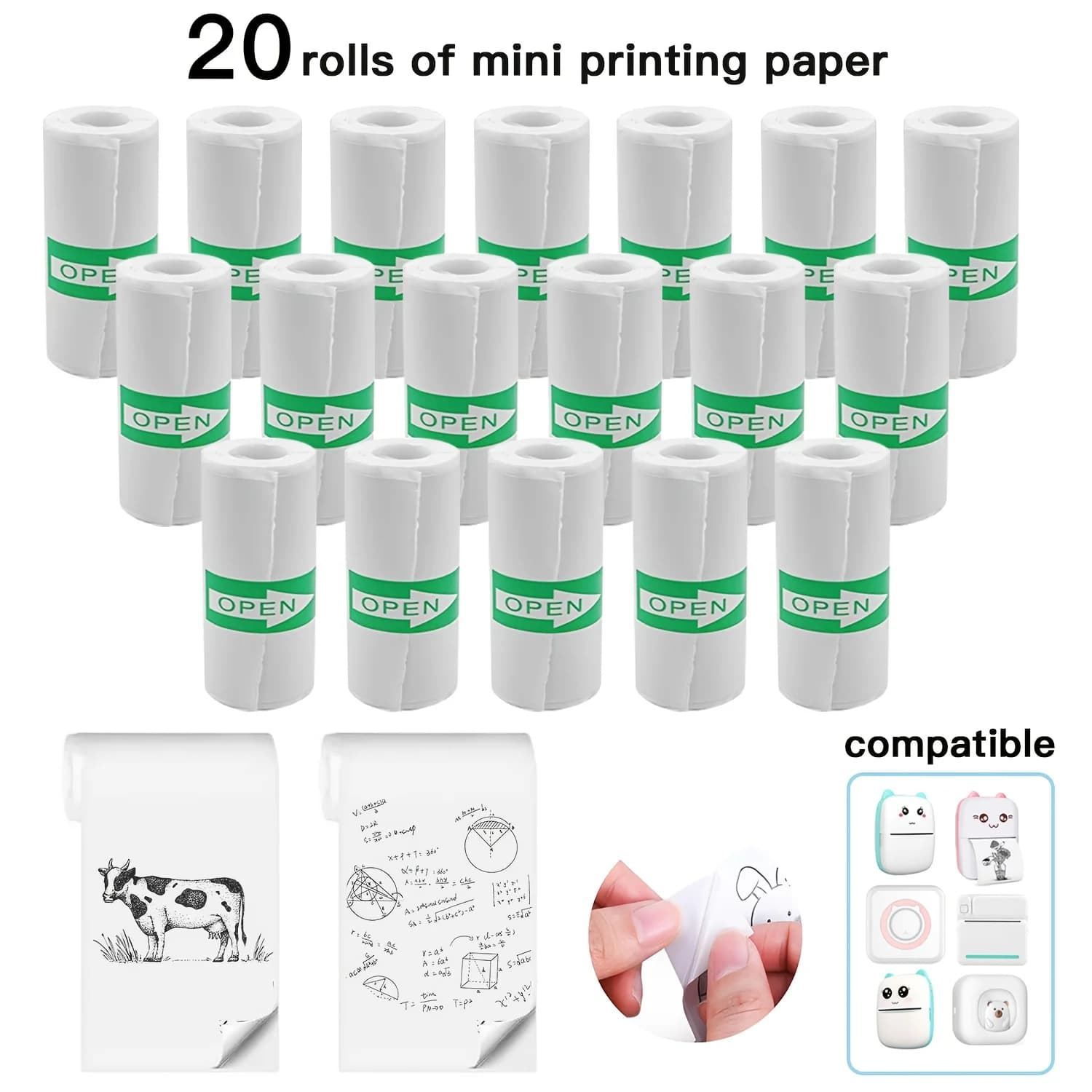 20 rotoli di carta adesiva termica bianca mini stampante autoadesiva ricariche per foto/affiche di controllo/note stampa di testo nero 57x25mm