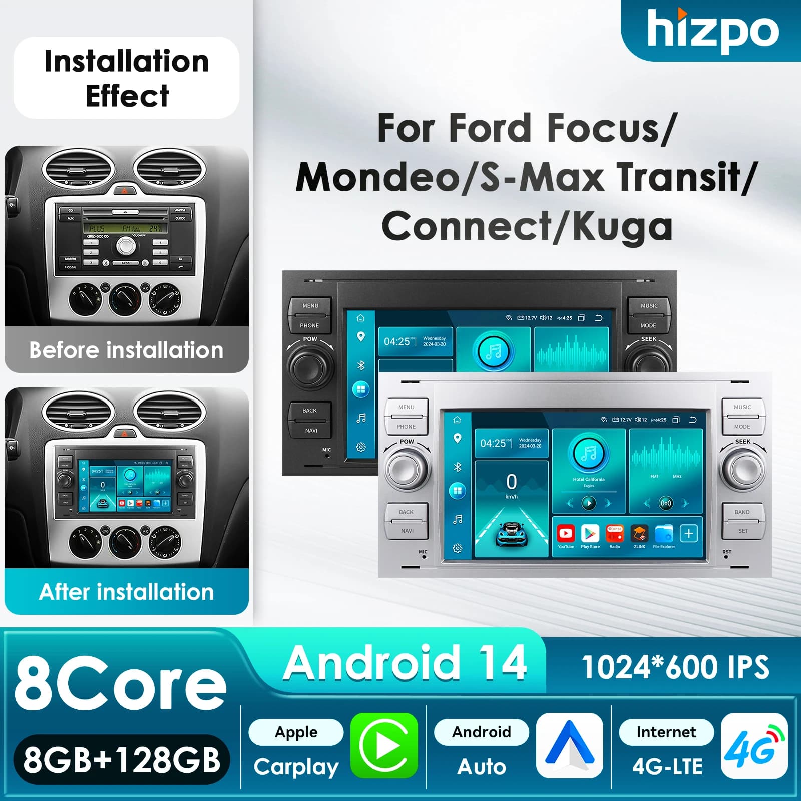 Hizpo Lettore multimediale per auto 8Core per Ford Mondeo S-max Focus C-MAX Galaxy Fiesta Transit Fusion Connect Kuga Carplay Autoradio