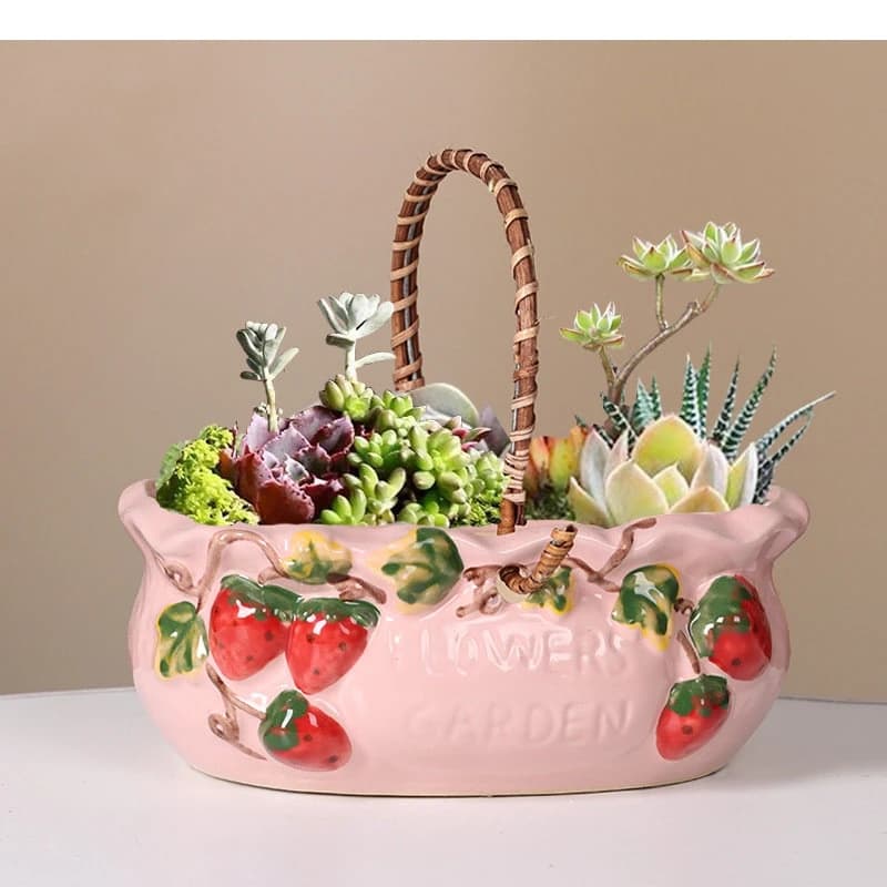 Strawberry Relief Tote Basket Flower Pots Ceramic Vase Desk Decoration Potted Plants Floral Vases Porcelain Flowers Arrangement