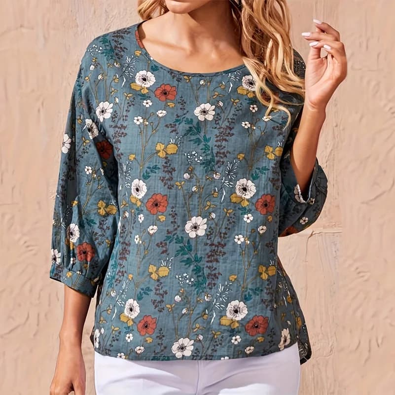 Women's casual shirt strong sizes, wide top with lantern sleeves and round neck with floral print, casual woman's office top