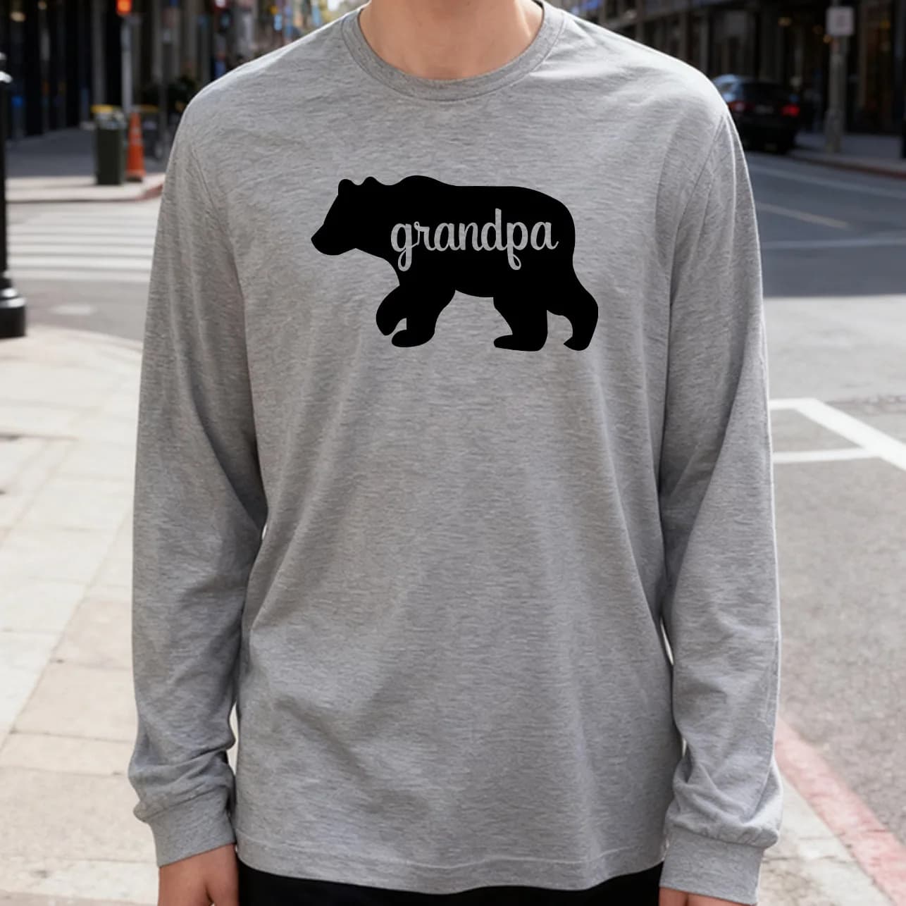 Men's Long Sleeved T-shirt Black Bear 180g 100% cotton printed casual crew neck to wear every day soft and breathable