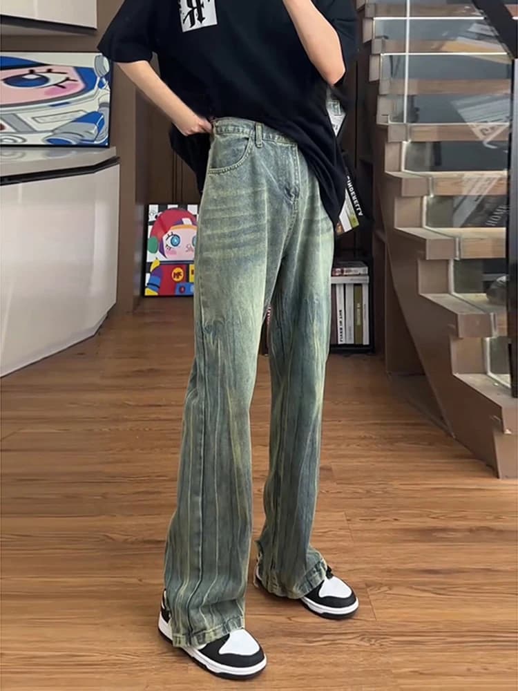 American Retro Bamboo Pattern Men's Long Straight Leg Jeans High Waist Bell Bot Trendy Streetwear Youth Low Maintenance