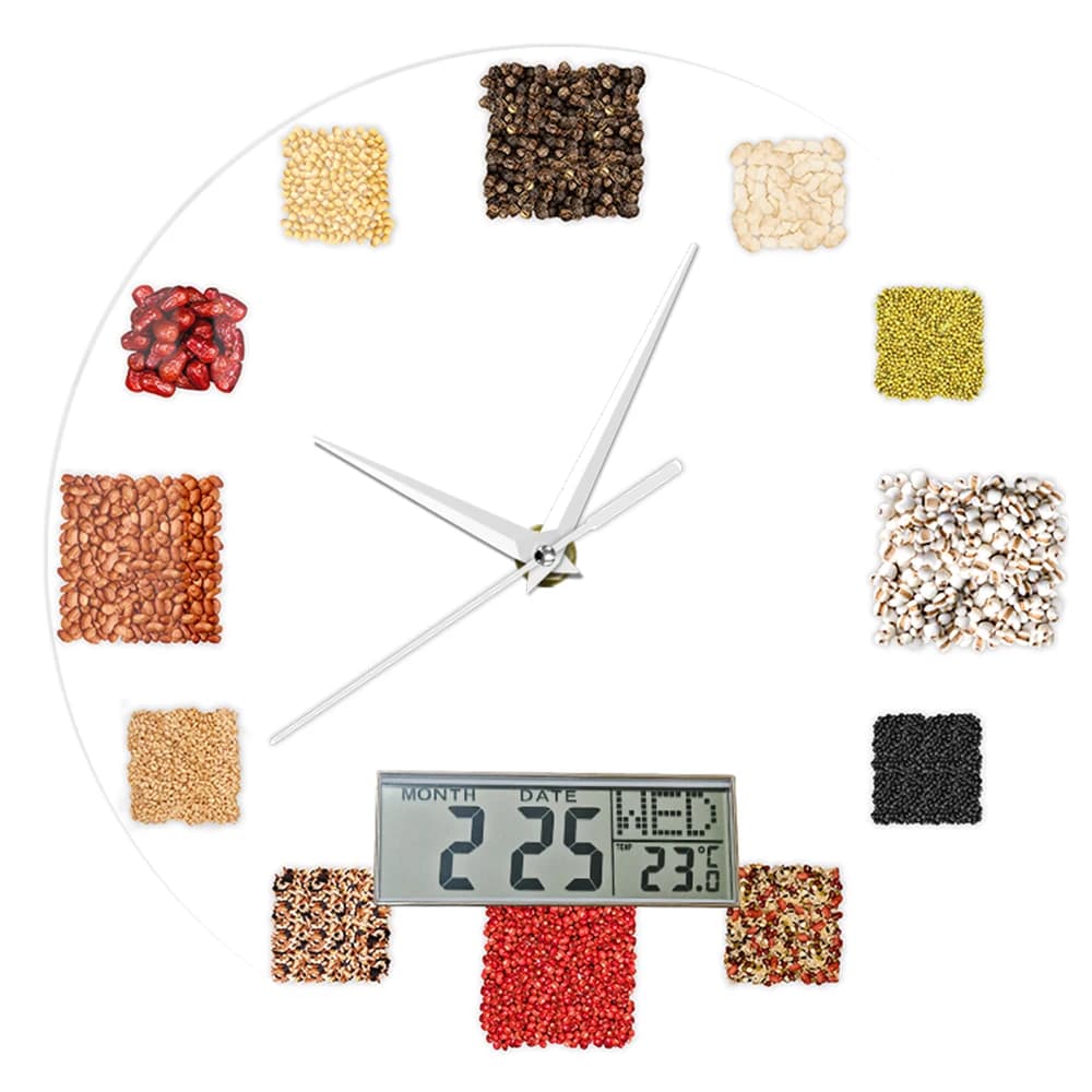 Silent Wall Clock with LCD Display and Motive Spices and Grasses, Culinary Art, Green Gift for Women