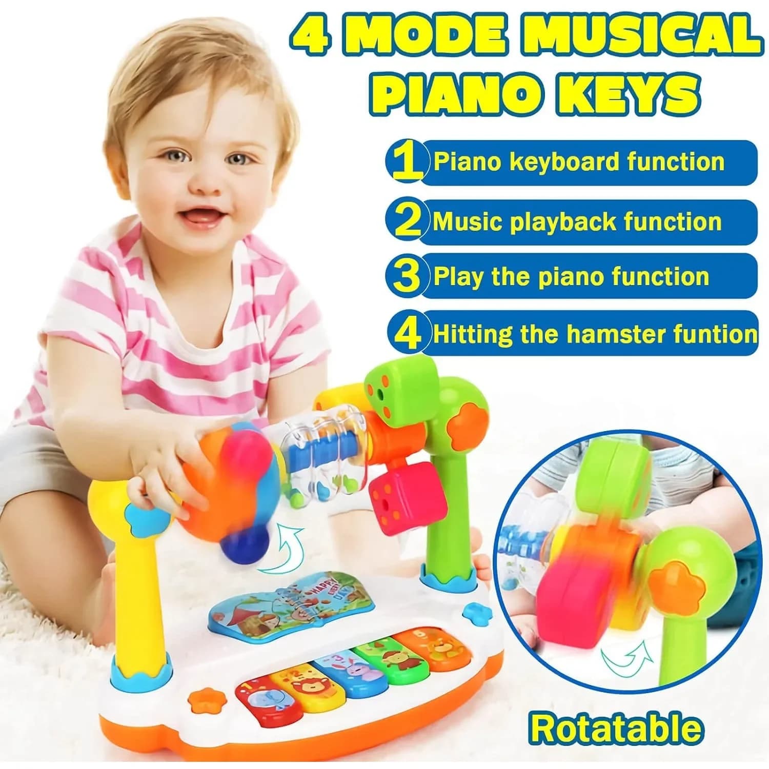Giocattoli per Bambini, Tamburo con Tasti Piano, Strumento Musicale, Tastiera Rotante con Luci e Suoni, Regalo Educativo di Natale per Bambini