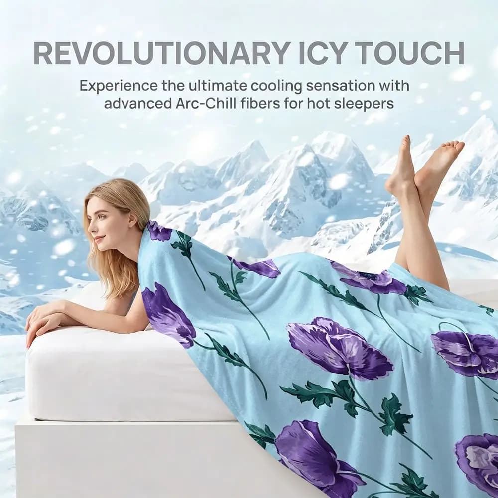 Cooling Blanket Bedding Set Summer Cooling Throw Purple Flower Print Digital Floral Ice Touch Soft Breathable Moisture Wicking