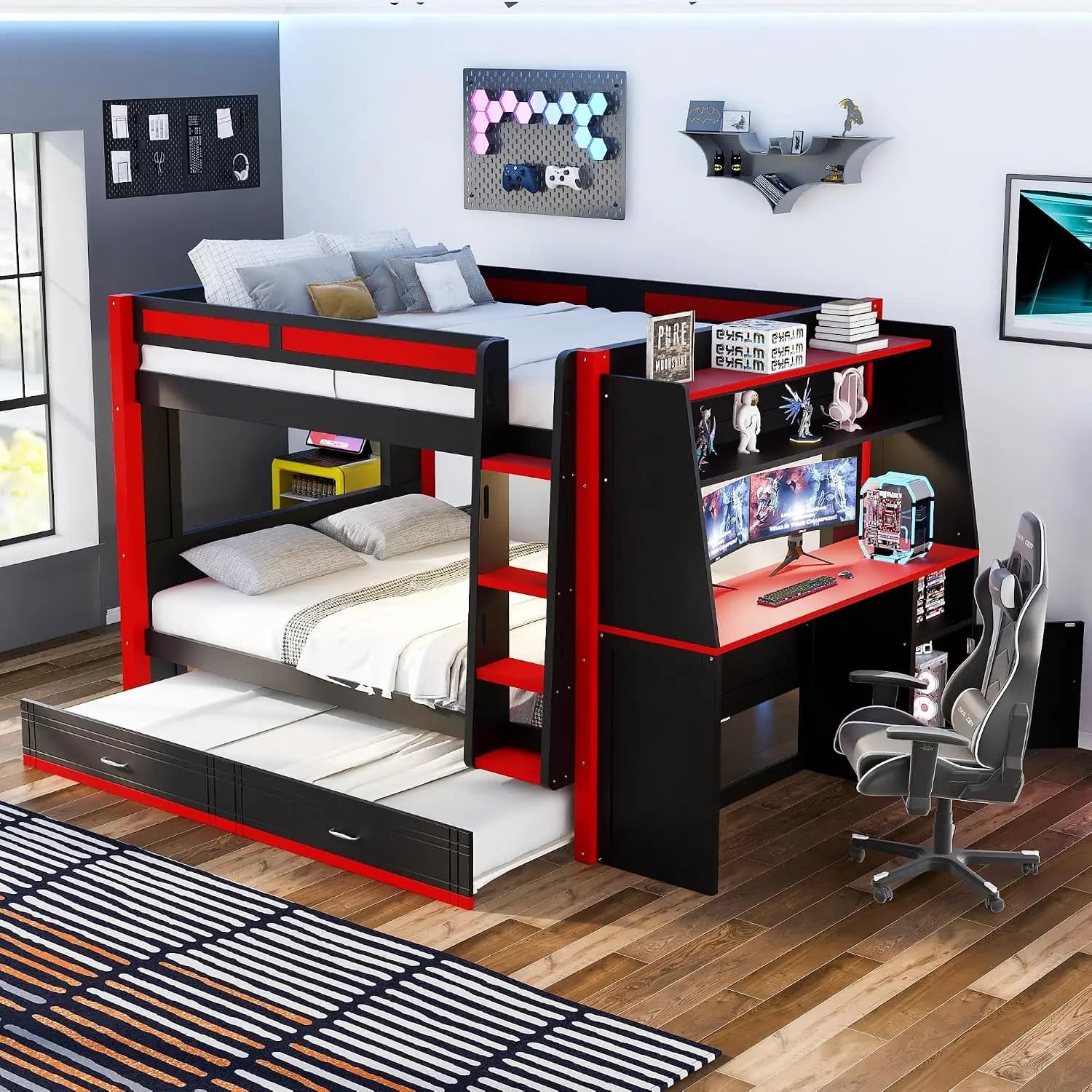 Full Size Gaming Bunk Bed with Desk, LED Lights & Trundle, Wood Full Over Full Bunk Bed Frame with Storage Shelves, Customized