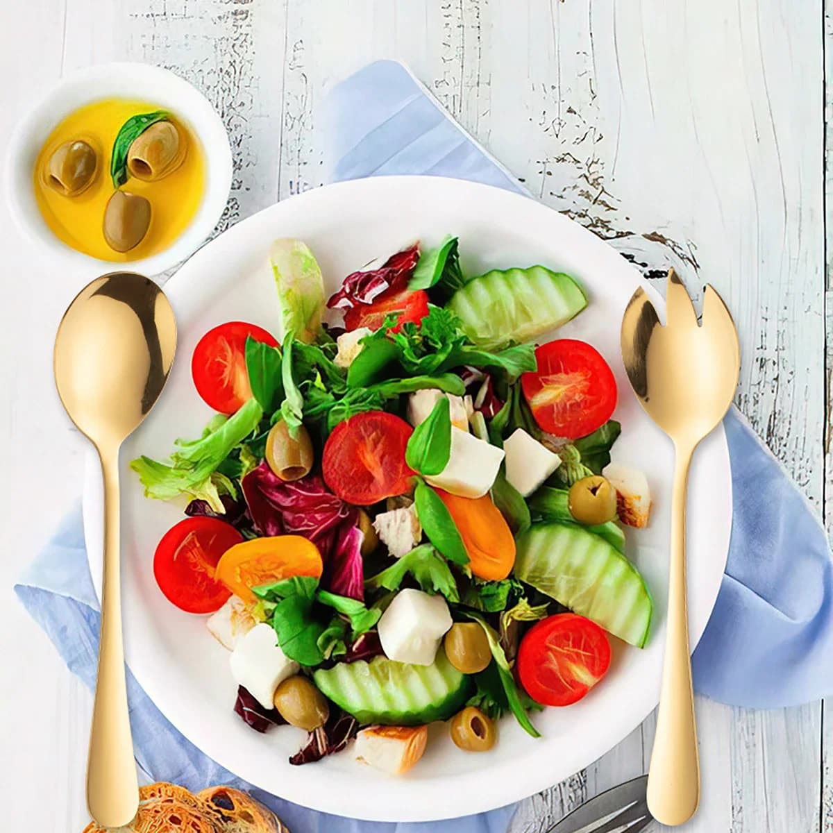 Set di 2 Cucchiai e Forchette per Insalata in Acciaio Inox Dorato, Stile Europeo, Accessori da Cucina