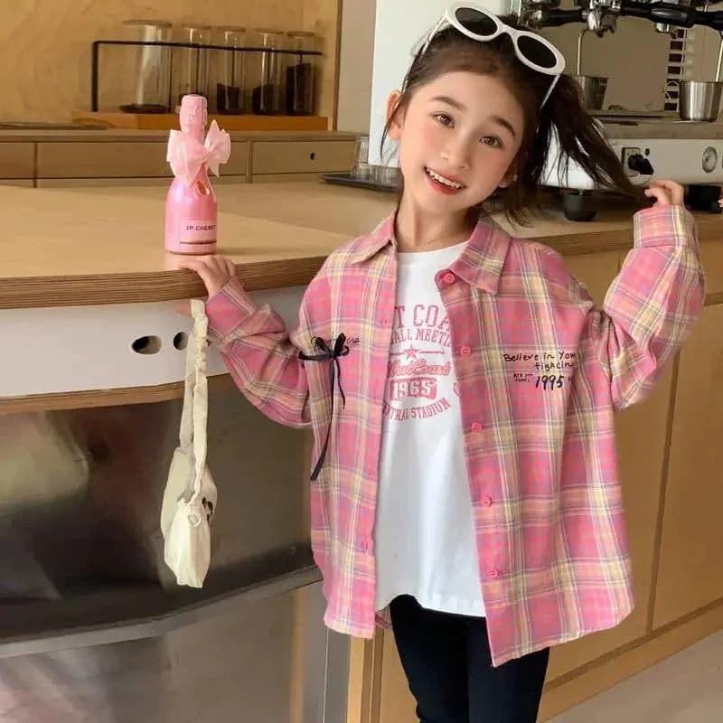 Da 5 a 14 anni Camicie per ragazze Cappotto per bambini Giacca con papillon 2025 Autunno Nuovi bambini Dolce Capispalla Primavera Moda per adolescenti Abiti larghi