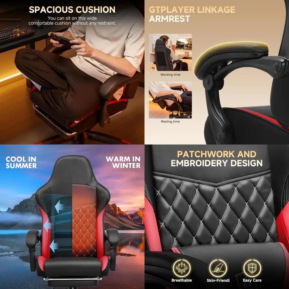 Ergonomic High-Back Leather Gaming Chair with Footrest, Adjustable Office Chair for Gaming & Work (Red)