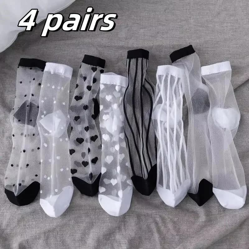 4 pairs of new socks from DONNA fashion tulle mesh glass socks summer elastic socks in ultra-thin transparent crystal lace