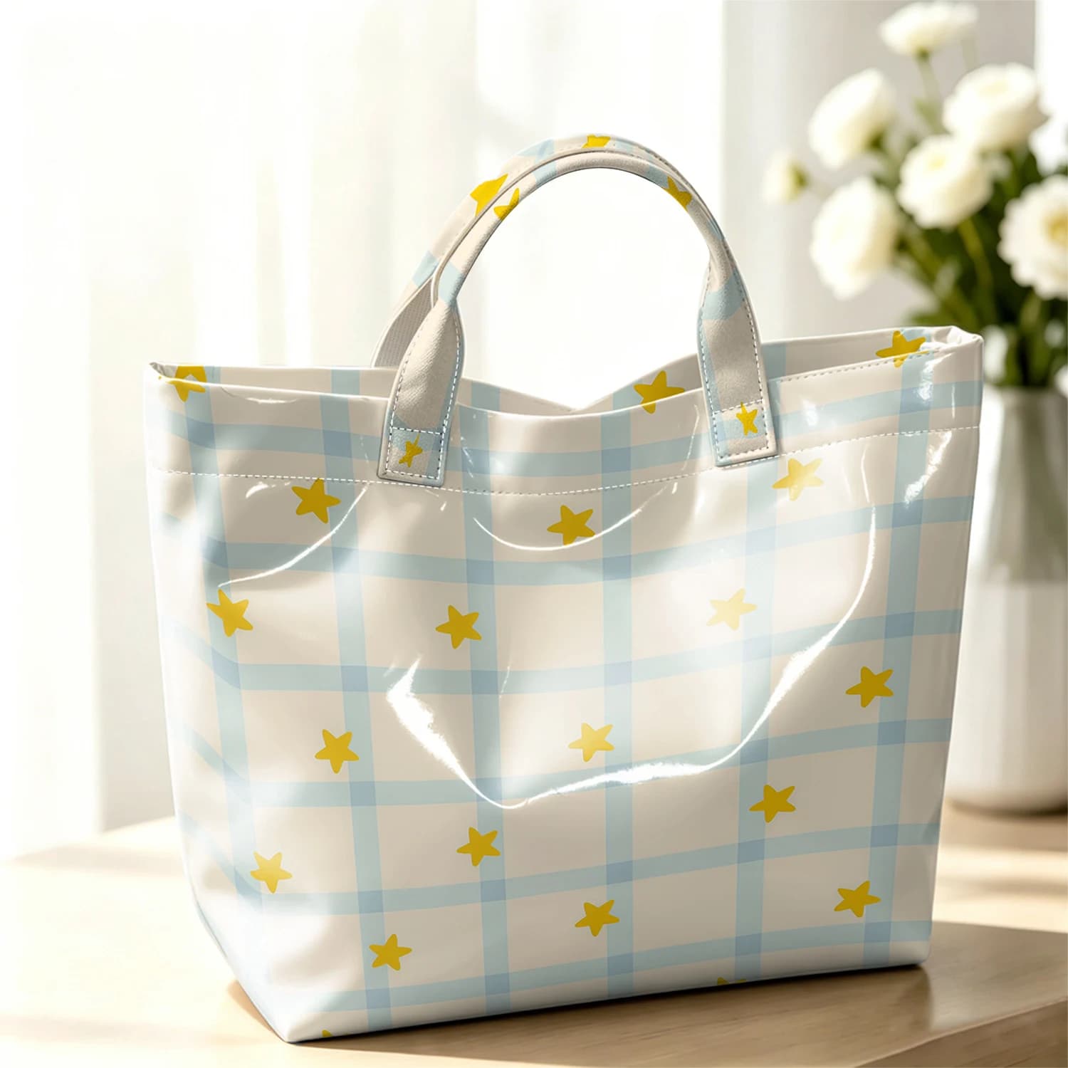 Check Star Grid Fashion Large Glossy PVC Tote Bag Hand Washable Waterproof Perfect Travel Commute Cosmetic Storage Shopper