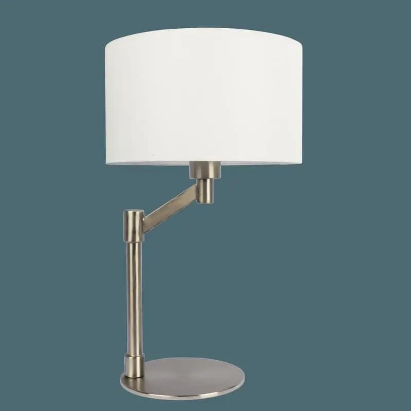 Lampada da tavolo Interruttore on/off in nichel spazzolato Base in metallo curvo Paralume in lino