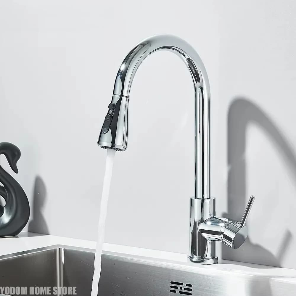 Chrome Kitchen Faucet Deck Mounted Pull Out Spout Kitchen Sink Mixer Tap Single Level Stream Sprayer Nozzle Mixer Tap