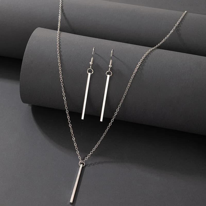 Exaggerated Simple Fashion OL Rectangular Pendant Combination Jewelry Silver Geometric Earrings Y Necklace Set