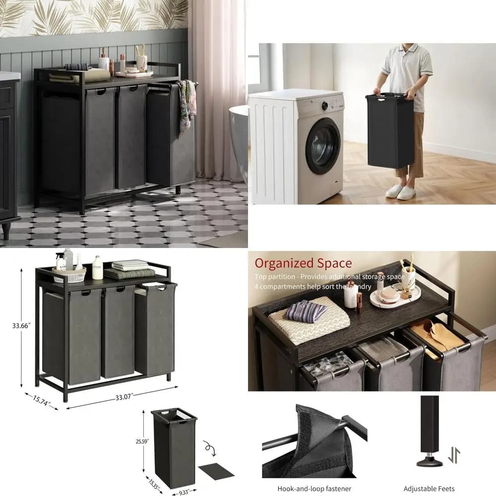 Basket for 3 Parts with Removable Bags and Wheels, 60L, Black and Grey