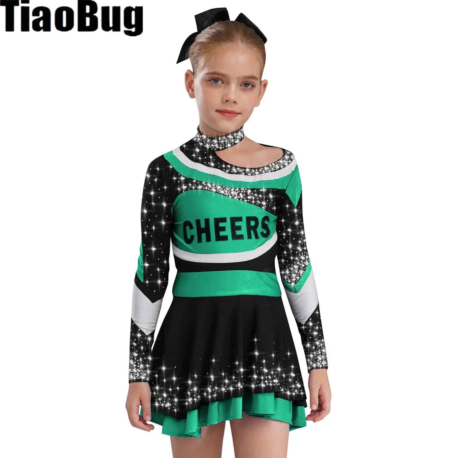 Costume da Cheerleader per Ragazze, Abbigliamento per Spettacoli Scolastici, Top a Maniche Lunghe con Stampa Lettering e Gonna Bicolore