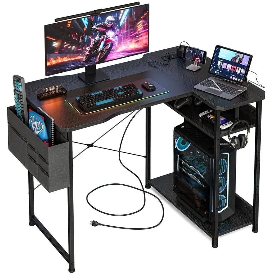 Scrivania da Gaming con Prese di Corrente, Scrivania a L da 40 Pollici con Ripiani Reversibili e Borsa Portaoggetti, Scrivania per Computer ad Angolo, Scrivania per PC