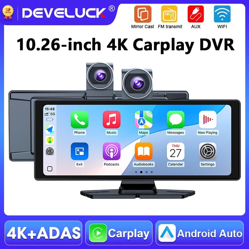 Dashcam ADAS da 10,26 pollici con telecamera frontale 4K, Carplay wireless, Android Auto, schermo intelligente per auto, registratore video per cruscotto, DVR per auto