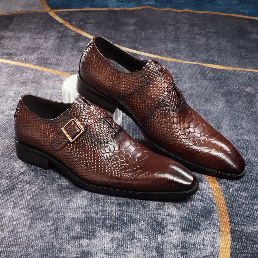 Scarpe Eleganti in Pelle con Motivo Serpentino, Mocassini da Cerimonia, Scarpe Formali da Ufficio, Eleganti Scarpe Artigianali con Fibbia Slip-on