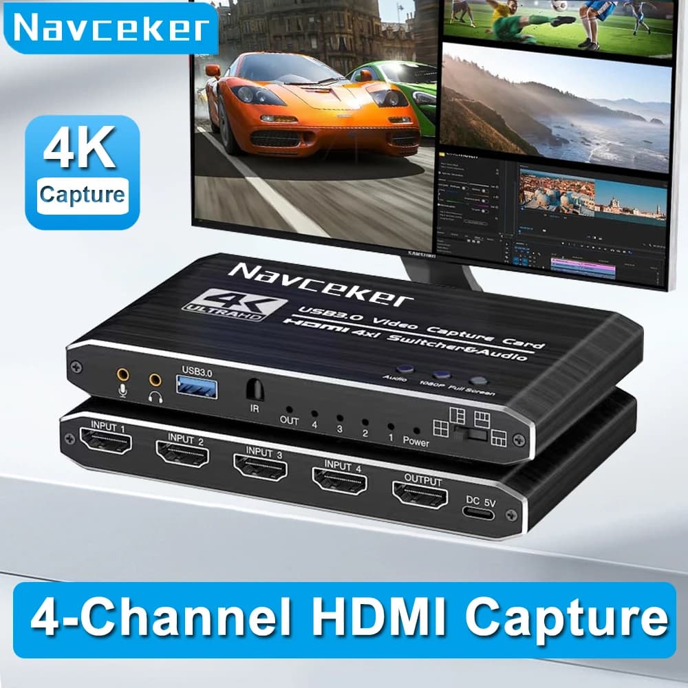Scheda di acquisizione video HDMI con taglio quad screen 4 in 1 uscita Switch HDMI USB 3.0 a 4 canali Gioco Caputre Streaming live multicanale