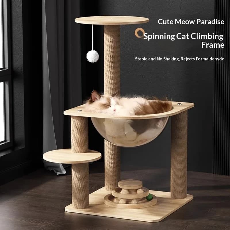 Nuovo Tiragraffi Salvaspazio per Gatti con Capsula, Cuccia, Piattaforma Salto, Palo in Sisal e Piattaforma Girevole, Torre Compatta Tutto-in-Uno per Gatti da Interno