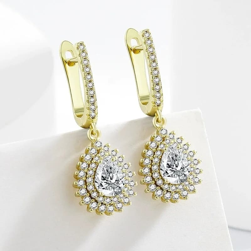 Luxury Pear Cut White Zircon Pendant Hoop Earrings For Women Gold Silver Color Female Water Drop Ear Buckle Wedding Jewelry