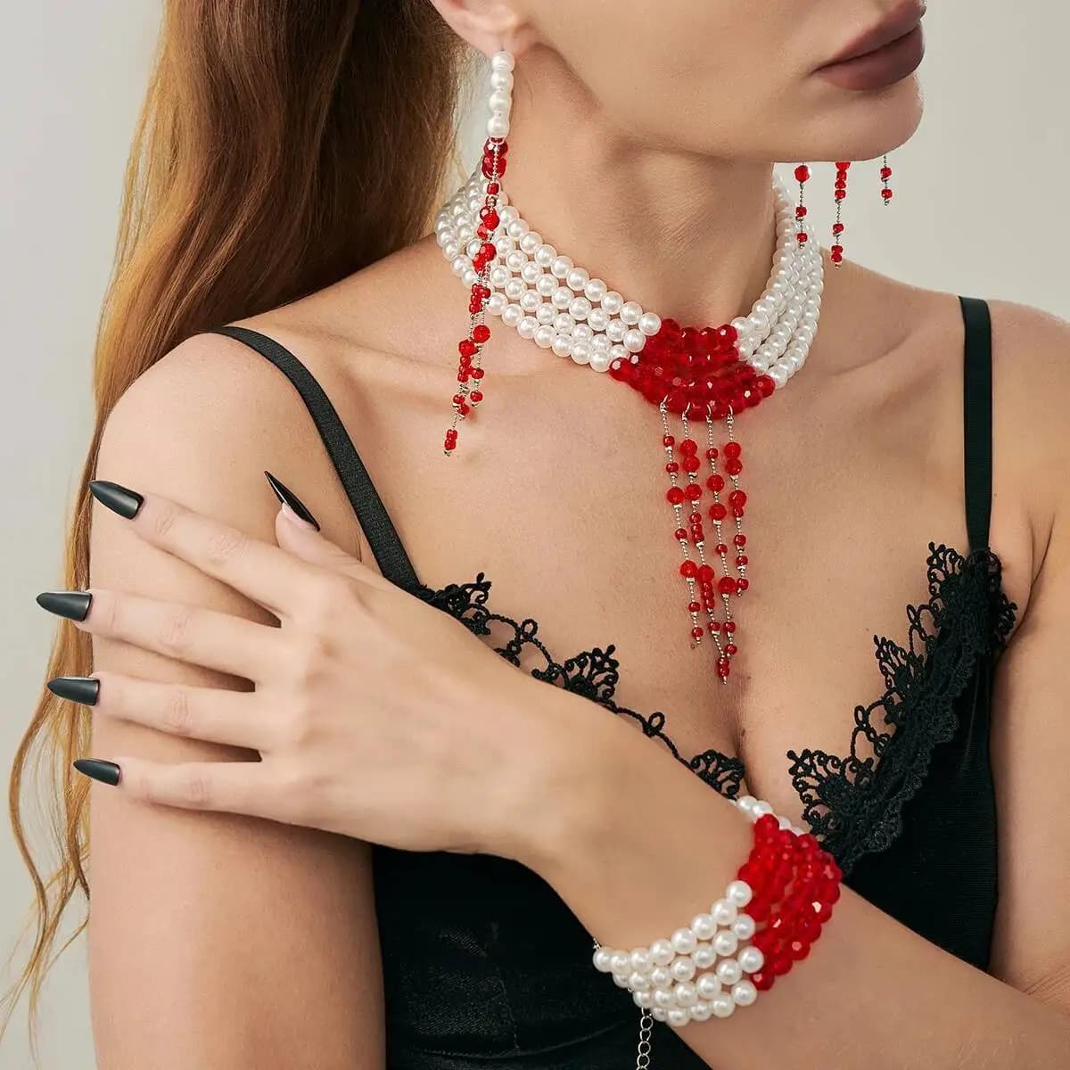 Lacteo Goth Halloween Sangue rosso imitazione perla nappa collana braccialetto orecchino elegante multistrato fascino collo accessorio gioielli