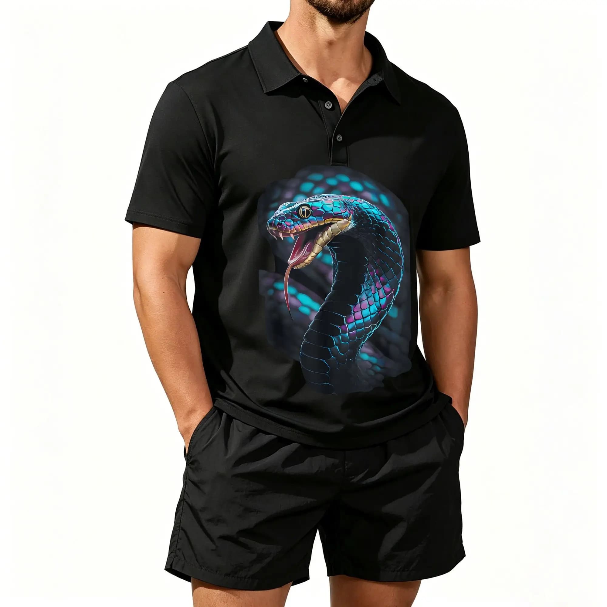 Men's Polo Shirt and Beach Shorts Two-Piece Set, Trendy and Unique Snake Print Pattern, Bold and Fashionable Style, Casual and Versatile, Comfortable to Wear, Well-Tailored Fit