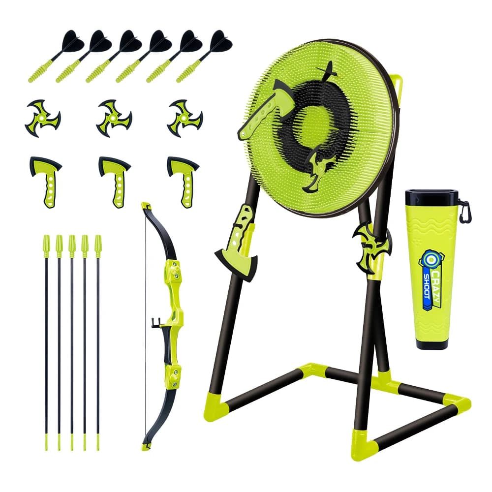Set da Lancio 4 in 1 con Bersaglio in Plastica Sicura da 18 Pollici, 3 Asse e Stelle, 6 Dardi e Set Arco e Frecce, Giocattoli da Lancio