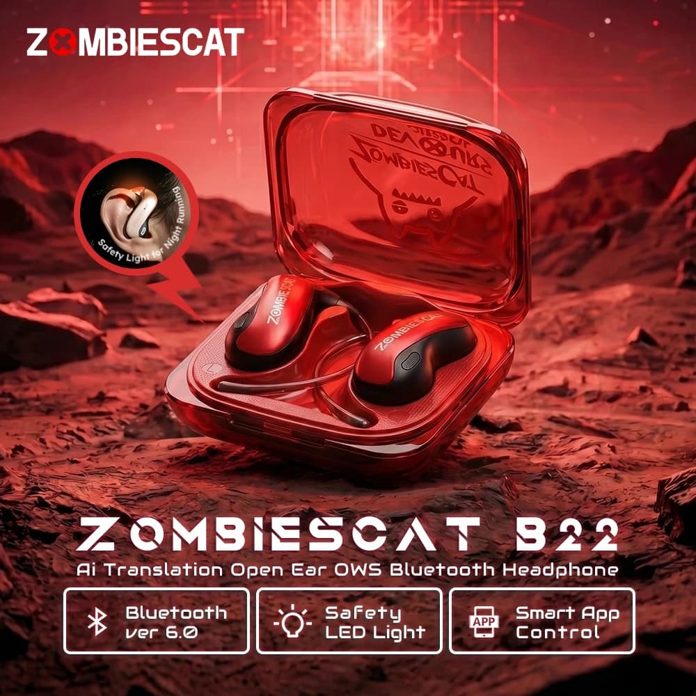 Cuffie Bluetooth 6.0 Zombi Cat B22 OWS con Gancio Auricolare, Traduzione AI e Luce di Sicurezza per Corsa Notturna