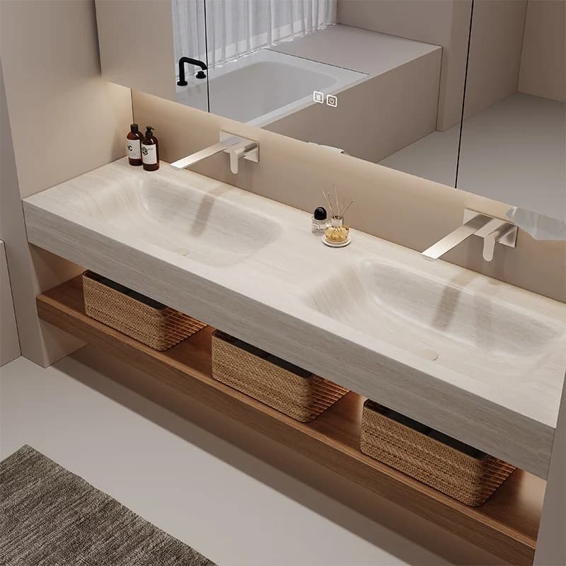 Set di Mobili da Bagno in Legno Massello &c Intelligent Simple con Lavabo Integrato in Granito, Specchio Intelligente a Parete per Appartamenti