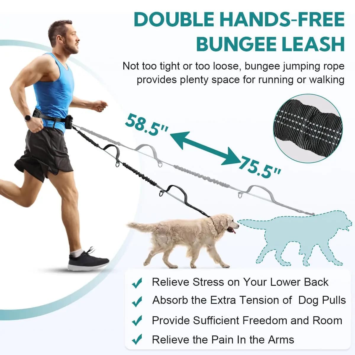 Guinzaglio a mani libere con tasca portatile _ guinzaglio doppio per due cani _ guinzaglio per cani doppio a mano imbottito elastico retrattile