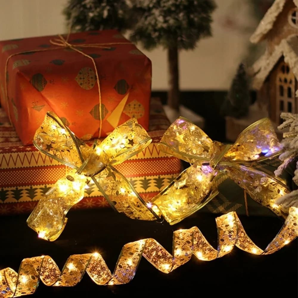 2-10M Christmas Bow Decoration Sliver/Golden Christmas Ribbon Fairy String Lights for Home Party Christmas Tree and Gift Decor