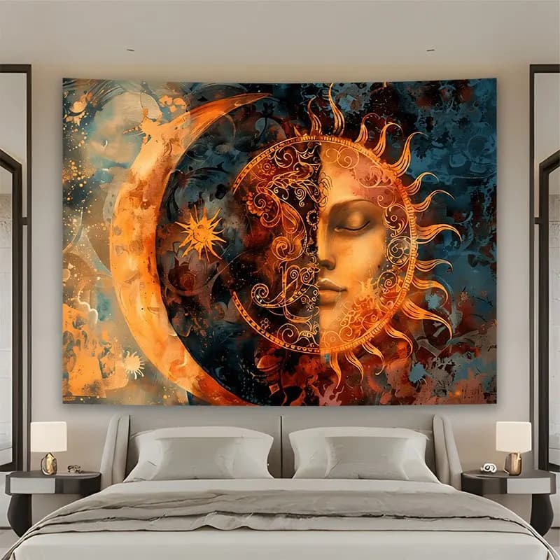 Aesthetic Boho Tapestry Wall Hanging Sun Moon Cosmic Celestial Abstract Art Decor Large Size 150x300cm Bedroom Mystic Mural