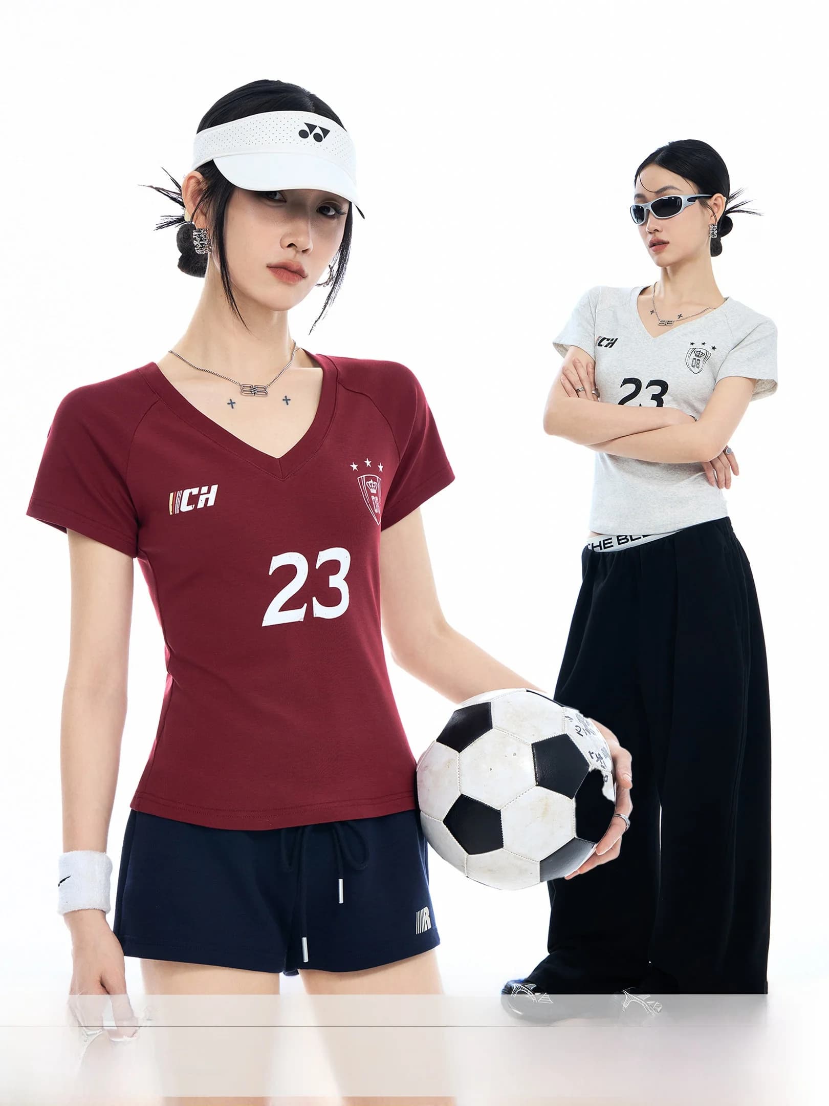 Slim Fit Short Sleeve V-Neck T-Shirt Women's Summer Sports Style Top ICH MODE Casual Cotton Blend Printed Tee