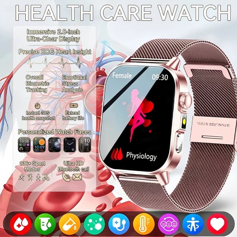 Smartwatch di Moda e Salute 2026 per Uomo e Donna, Display AMOLED da 2.01", ECG, Esame Fisico, Grasso Corporeo, Acido Urico, Frequenza Cardiaca, Chiamate BT