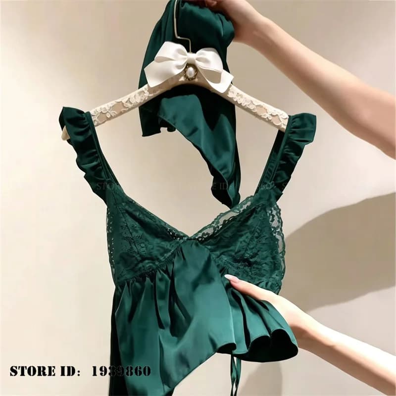 Trendy Women Pajamas Set Intimate Lingerie Sexy Patchwork Lace Suspender Pijamas Suit Homewear Summer New Satin Nightwear Pyjama