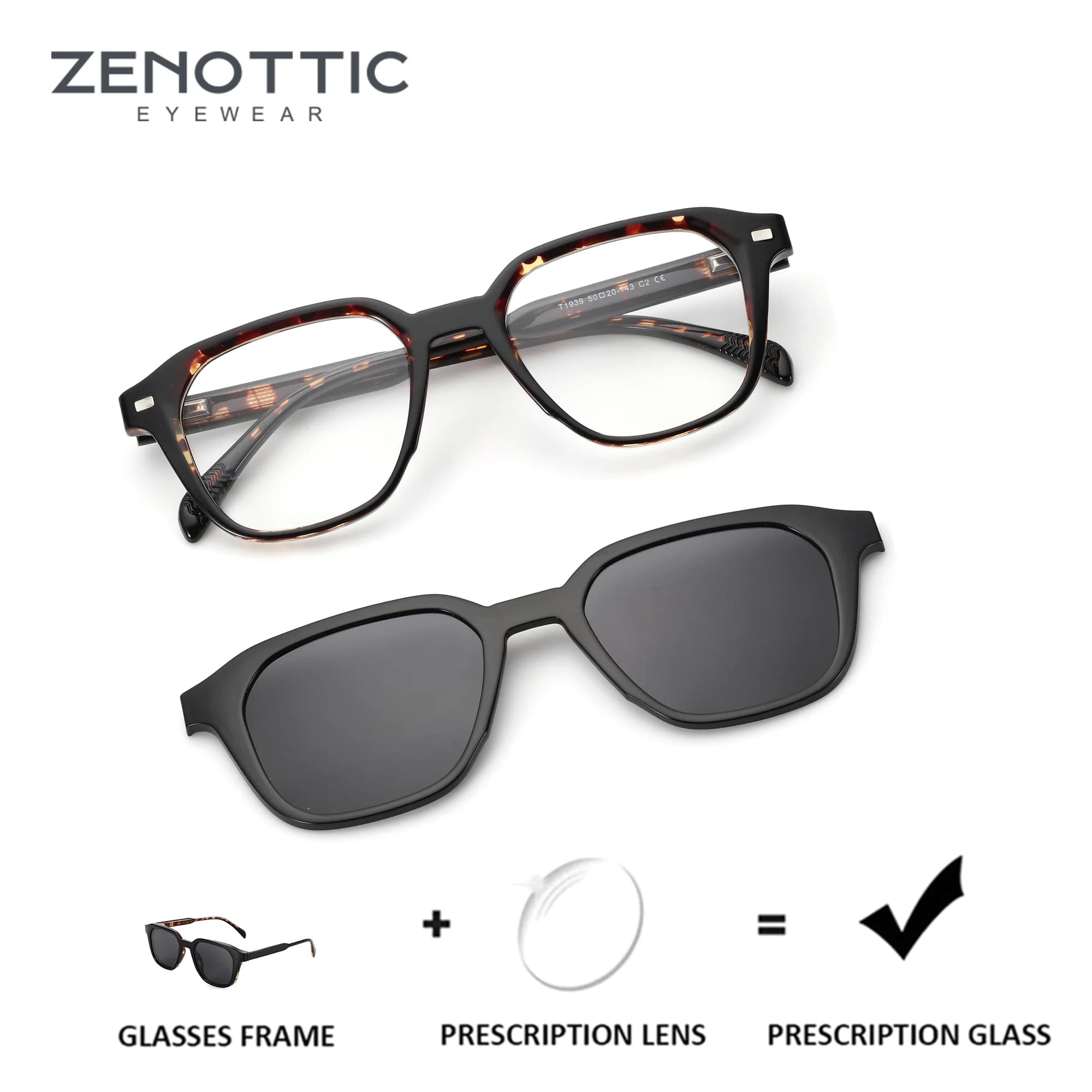 ZENOTTIC Square Prescription Glasses For Men Magnetic Clip-on Polarized Sunglasses UV400 Myopia Optical Eyewear