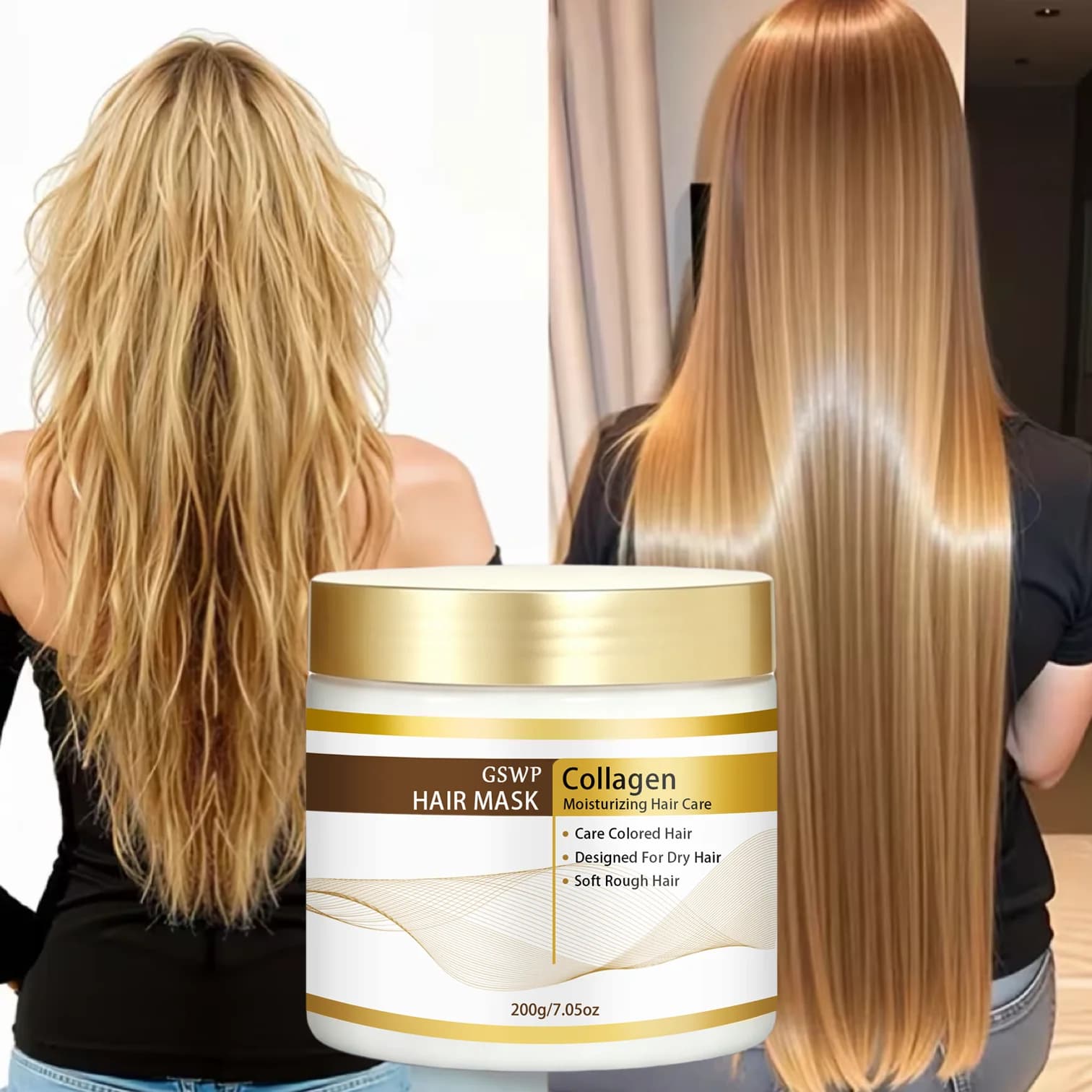 Maschera per capelli al collagene GSWP, per capelli tinti e decolorati, trattamento anti-sbiadimento, nutriente, idratante, per capelli setosi.200g