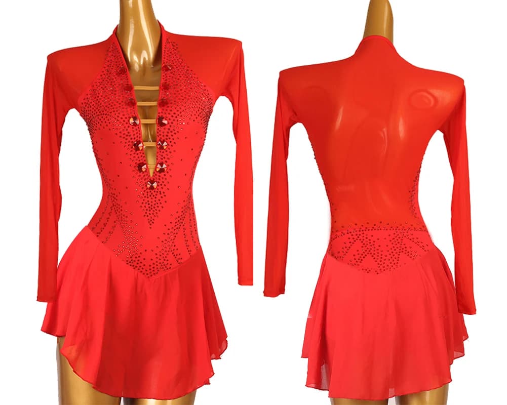 Abito rosso da pattinaggio di figura rosso Abito da pattinaggio su ghiaccio per ragazza da donna Costume da ginnastica strass di cristallo personalizzato b272
