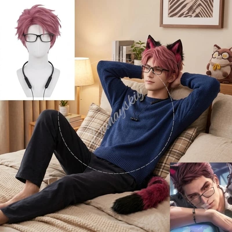 Valko Cosplay Glasses Earphones Set Wolf Ears Tail Styling Wig Glasses Halloween Rings Love And Deepspace Game Props Comic Con