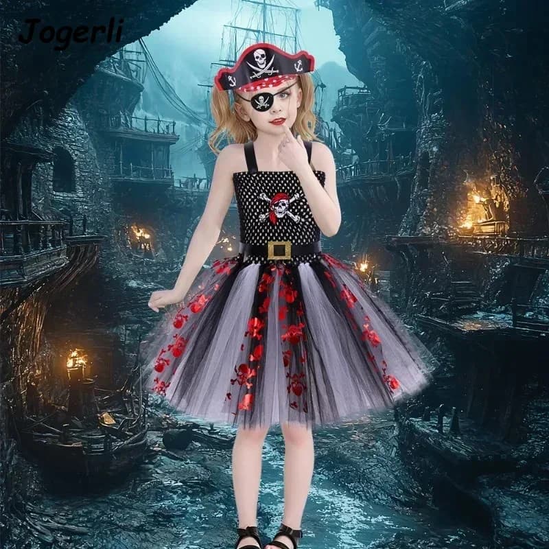 Jogerli Children's Halloween Pirate Mesh Kids Girl Cosplay Costumes Caribbean Cos Cloth Hat Maskc;6,r'8;p'