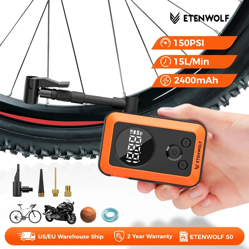 ETENWOLF S0 Pompa elettrica per bici, gonfiaggio rapido, pompa ad aria potente e portatile da 150 PSI 2400 mAh per pneumatici per auto, biciclette Mmount