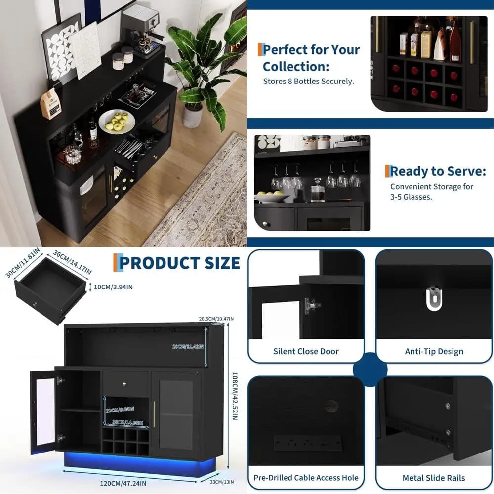 Mobile Bar Premium a 2 Ripiani con LED, Ante in Vetro e Cassetti - Arredo Versatile per Cucina e Sala da Pranzo